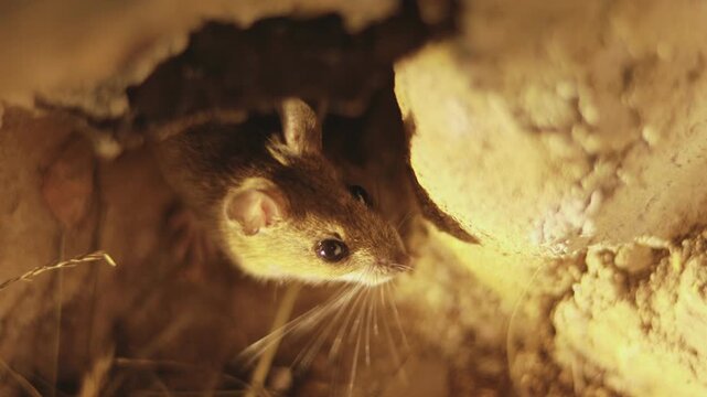 Wood mouse (Apodemus sylvaticus) emerging from tunnel into hidden burrow chamber and staring up at camera