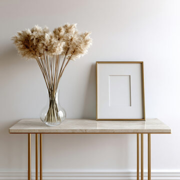 Marble console table gold frame pampas grass glass vase minimalist decor neutral wall modern interior