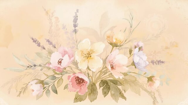 Soft watercolor floral bouquet with pastel flowers and delicate leaves on beige background