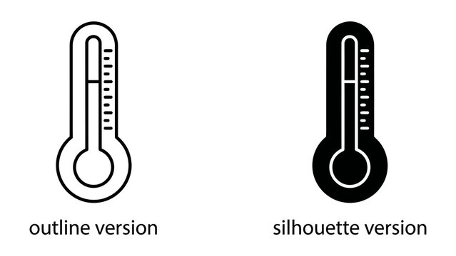 Thermometer Icon: Two simple line icons representing a thermometer, one as an outline and the other as a solid silhouette, ideal for measuring temperature or indicating weather conditions.