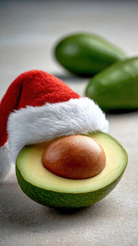 Avocado Santa hat Christmas holiday green fruit festive seed healthy winter celebration. halved avocado with Santa hat creates playful holiday