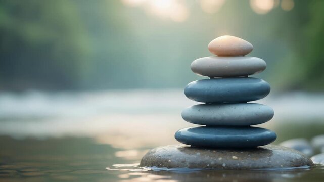 Stack of smooth balanced stones on riverbed with soft natural background for relaxation and meditation