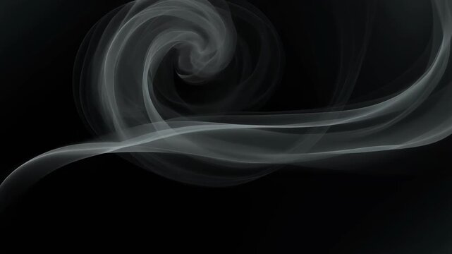 Abstract swirling white smoke on black background with smooth flowing curves and soft texture