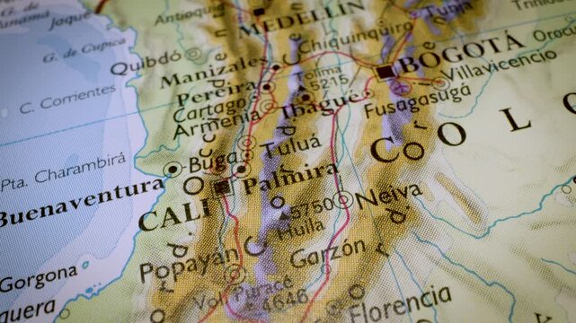 gliding map view across colombia toward medellin and bogota