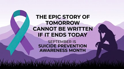 Fototapeta premium Suicide Prevention Awareness Month purple banner illustration showing sad woman silhouette and green purple awareness ribbon