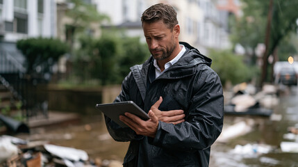 Fototapeta premium A rain-soaked insurance assessor in a waterproof jacket examines hail-damaged property in a flooded residential street, tablet clutched against chest, the aftermath visible in