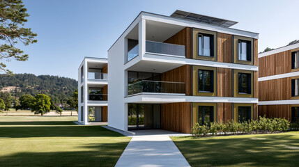 Fototapeta premium Modern apartment building with wood panel exterior, large windows, balconies, and green lawn in suburban area, sunny day