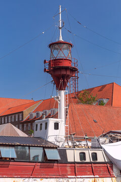 Red and White Lightship Tower in Copenhagen Harbor Denmark