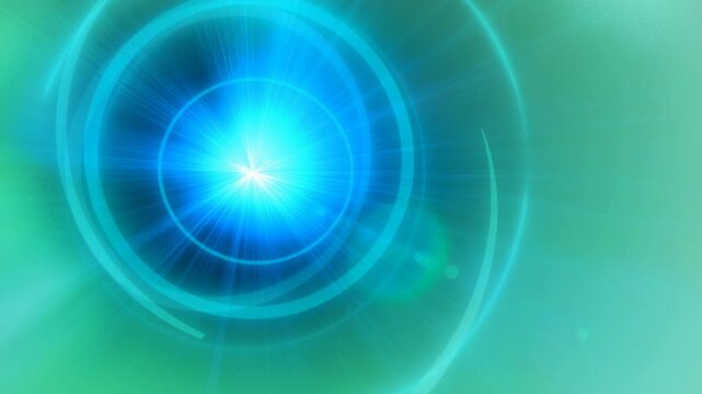 Abstract blue light burst with glowing circular rays and futuristic energy design on green background