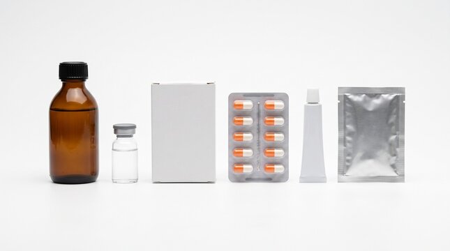 Medical packaging mockup set, pharmaceutical medicine bottles and blister pack, blank white drug boxes and tubes on white background