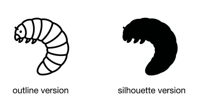 Larva Outline and Silhouette: A detailed outline and a solid silhouette of a larva, showcasing two distinct artistic representations of the same creature.