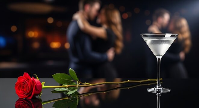 A single red rose resting on a dark reflective surface next to a glass filled with a clear alcoholic beverage while a romantic couple dances in the blurred darkness of a lively nightlife venue