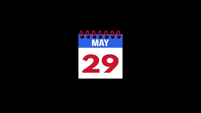 Daily Calendar Page Flip Animation from May 28 to May 29 with Page Turn Transition on Black Background. Day to day. date change concept