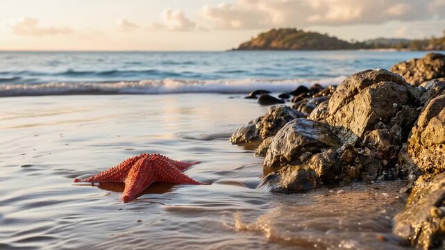 Vibrant red starfish resting on wet coastal, gentle ocean waves, serene marine nature landscape, 4K video