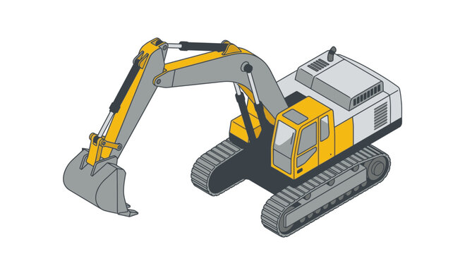 Excavator featuring a yellow cabin and grey hydraulic arm stands isolated on a plain background.