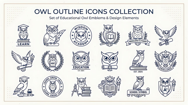 Collection of academic owl bird mascot emblems featuring graduation caps and books for university branding and school identity icons