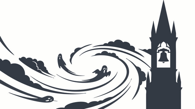 Gothic Bell Tower with Misty Ghost Vortex Vector Silhouette Isolated on White