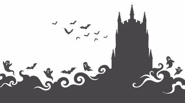 Gothic Chapel Bell Tower Above Ocean of Misty Ghosts Vector Silhouette on White