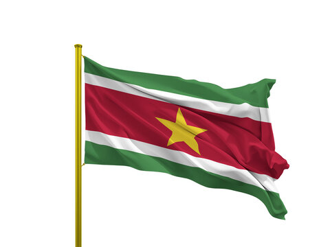 Suriname flag waving on a golden pole isolated on Transparent Background