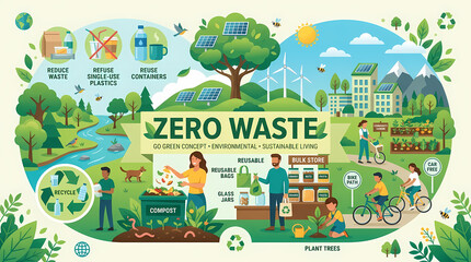 Naklejka premium Sustainable green living concept vector illustration featuring recycling, renewable energy, eco friendly habits, and gardening