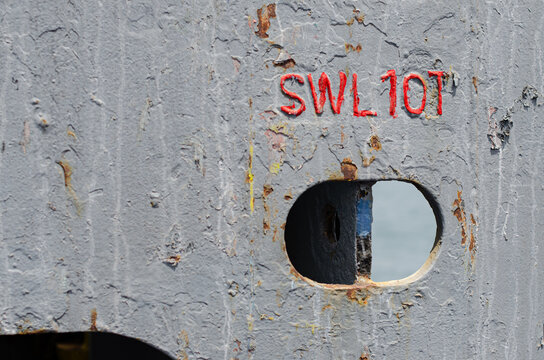 a cargo securing strong point on board an offshore support vessel, clearly marked with a Safe Working Load (SWL) of 10 tonnes