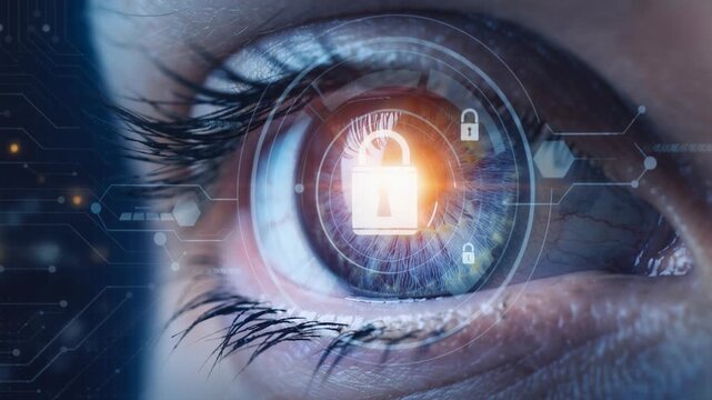 Close up of human eye with digital security lock concept and innovative technology interface background