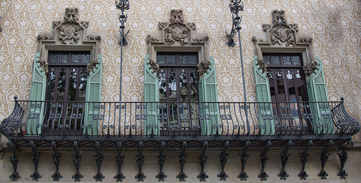 Casa Amatller Facade Detail with Ornate Balcony and Gothic Revival Architecture in Barcelona, Spain