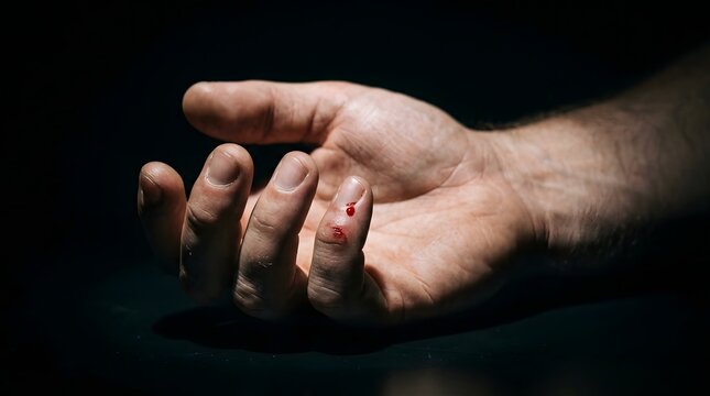 Close-up of a human hand with small cuts and blood, highlighting injury and realism.