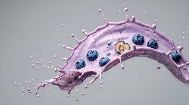 Fresh blueberries falling into a splash of creamy milk with a vibrant flower petal