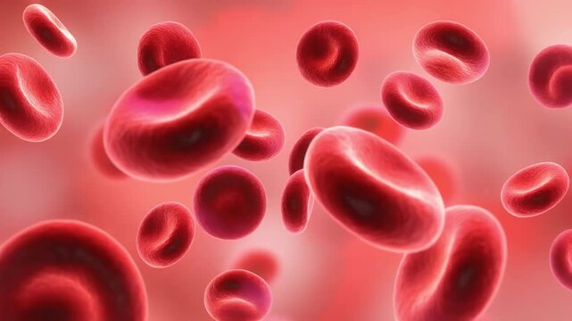 Close up view of red blood cells flowing inside the human bloodstream with detailed texture and vibrant red color
