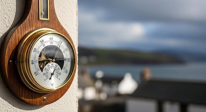 Traditional wooden wall mounted weather station device measuring atmospheric pressure and ambient temperature levels to help forecasters predict changing conditions in outdoor coastal