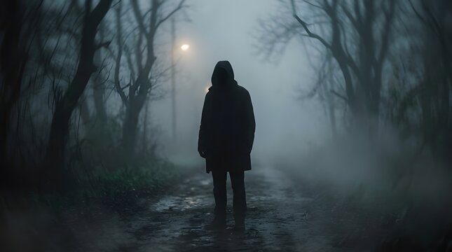 Lone figure standing in a foggy forest, surrounded by mist and dim light, creating a mysterious mood.