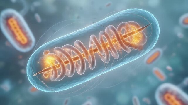 Detailed 3D illustration of mitochondria cell structures glowing inside a biological environment