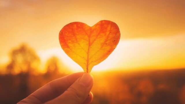 Heart shaped autumn leaf held against warm glowing sunset nature background