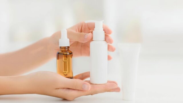 Hands holding skincare products including dropper bottle lotion and cream on white background