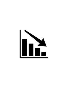 Black bar chart icon showing a downward trend with a decreasing arrow isolated on a white background