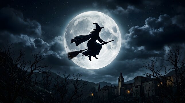 Silhouette of a witch flying across a glowing full moon, creating a magical and spooky Halloween scene.
