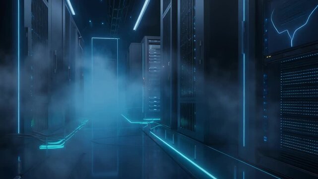 Futuristic data center aisle with glowing blue lights and misty atmosphere in modern server room