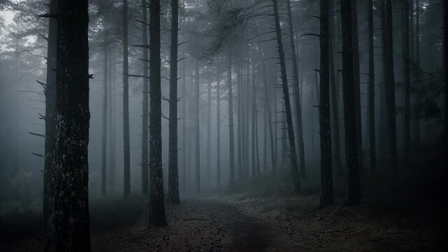 Misty forest pathway with tall pine trees and eerie fog in a dark natural landscape