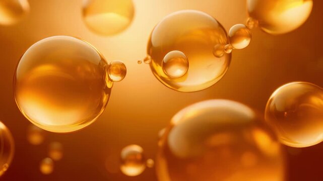 Close up view of golden oil or liquid bubbles floating in warm light background for abstract natural beauty concept