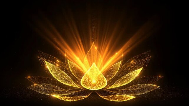 Glowing golden lotus flower with sparkling light particles on dark background with rays