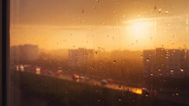 Sunset view through rain-covered window overlooking city traffic and buildings in warm golden light