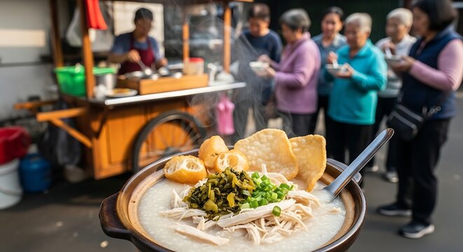 A warm bowl of traditional chicken congee served with crispy crackers and fresh herbs on a busy city street where customers line up to purchase delicious savory breakfast meals from local vendors