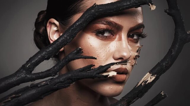 Close up artistic portrait of woman with natural makeup and burnt branches creative beauty concept