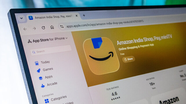 Amazon india shop app page on apple app store website interface showing rating and software details.
