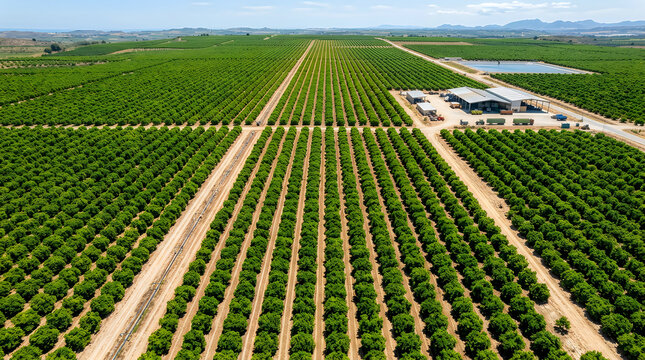 Aerial view of a large green orange orchard farm with rows of trees and a packing house facility