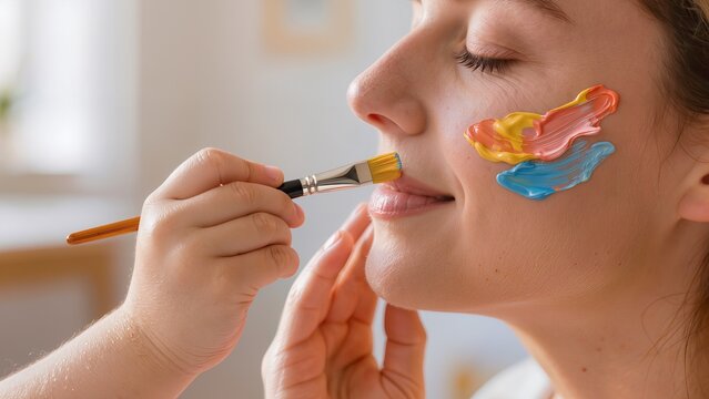 Woman with colorful face paint being applied by child using a brush in a bright indoor setting with soft natural light and blurred background elements