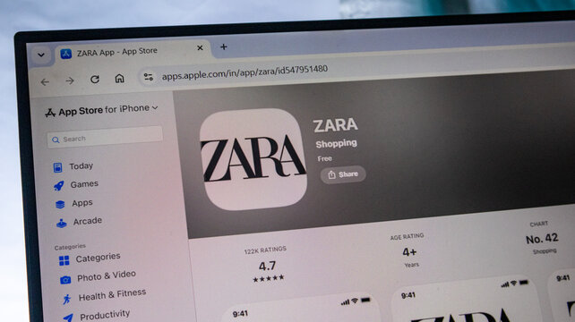 Zara mobile application store interface displayed on computer screen for mobile online shopping task.