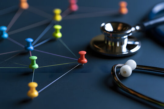 A stethoscope paired with colorful pins displays the detailed referral and consultation system between primary care doctors and specialists