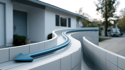Fototapeta premium Curved blue arrow on modern white tiled pathway, outdoor residential area, contemporary architecture, smooth lines, calm atmosphere